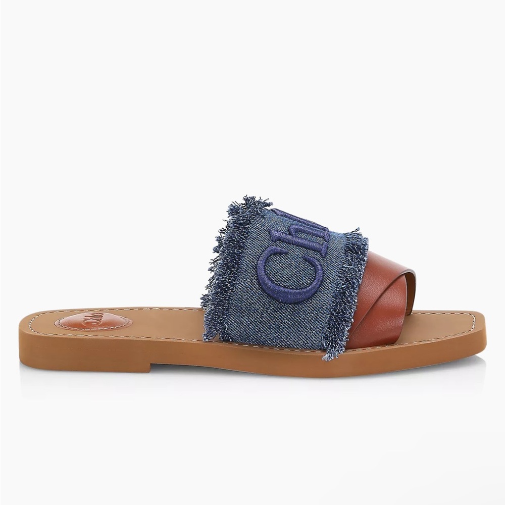 NWT 100% Authentic Chloe Woody Logo Flat Denim Slide Sandals - Picture 2 of 16